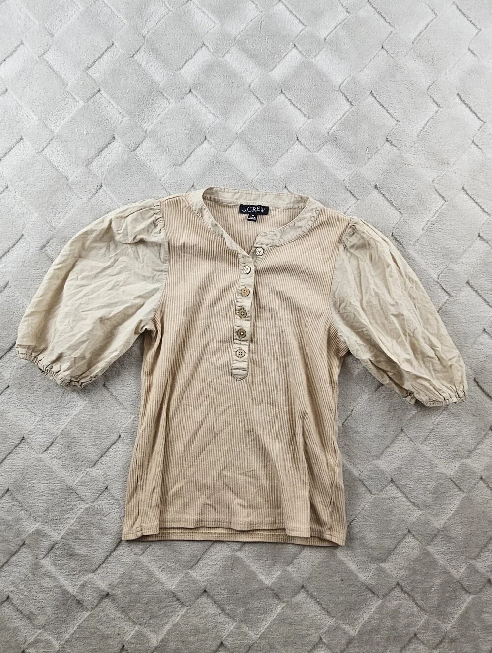 J.Crew Rib Puff Sleeve Henley Top Womens Medium Tan Shirt Blouse